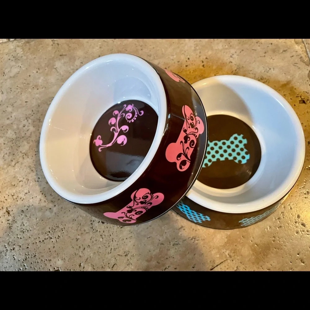 COPY - Top Paw 🐾 Boutique Pet Bowls 🐶 Pink/Brn Turquoise/Brn w/Center Decals. (…